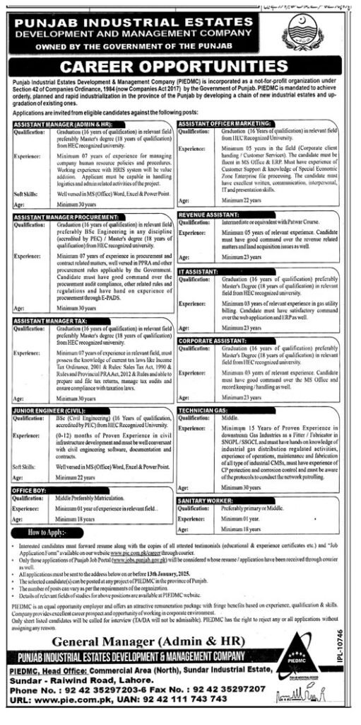 Punjab Industrial Estates Development & Management Company (PIEDMC) Jobs 2025 – Apply Now