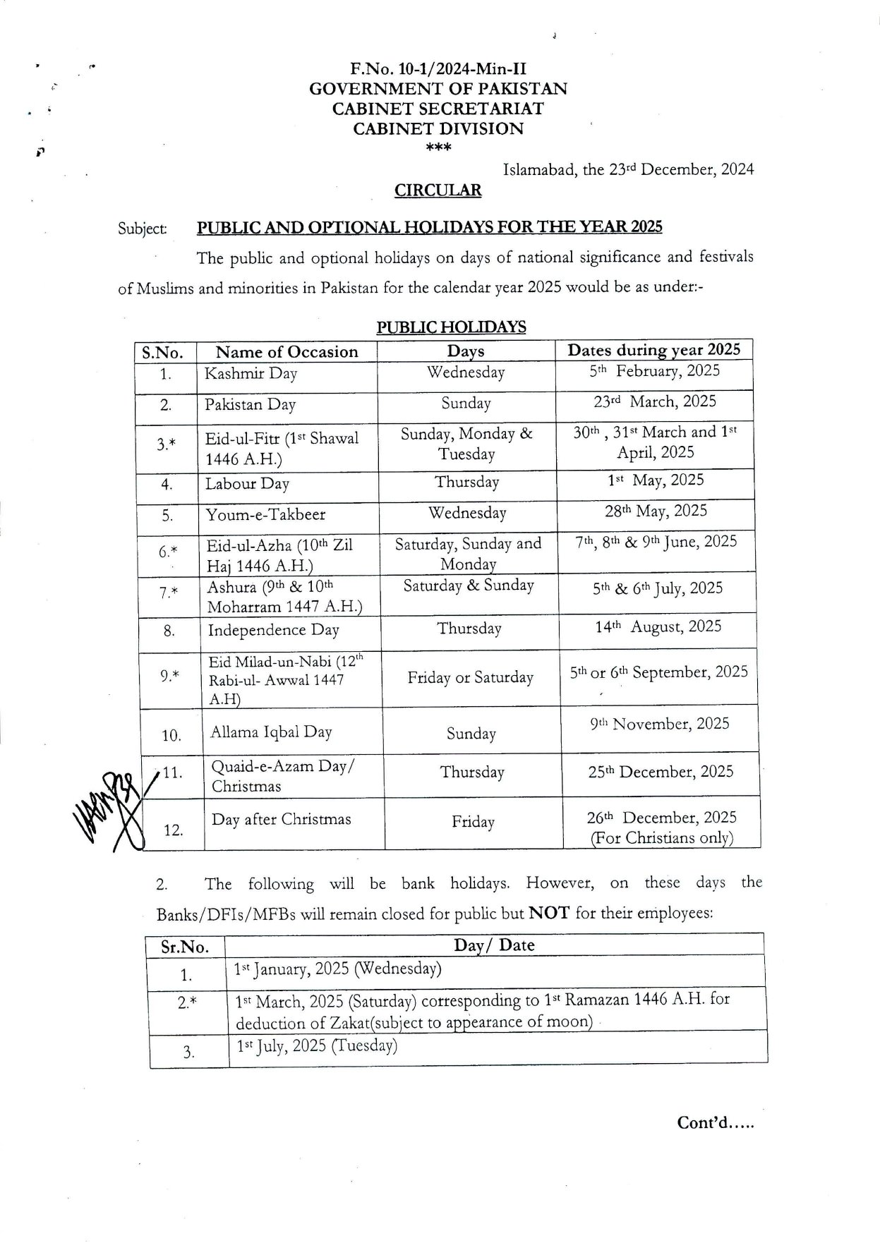 Notification Public and Optional Holidays for Pakistan in 2025 S.E.D