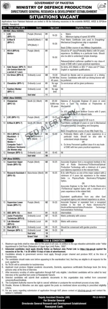 Job Opportunities at Ministry of Defence Production, Directorate General Research and Development Establishment (DGRDE), Rawalpindi – 2025