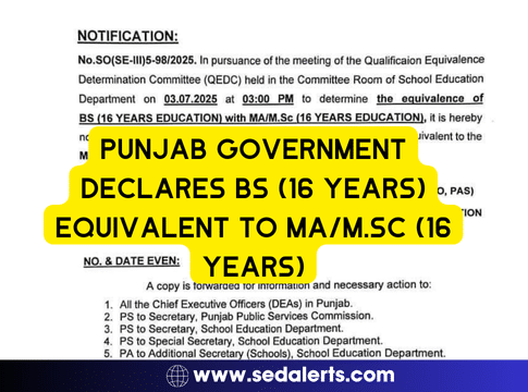 Punjab Government Declares BS (16 Years) Equivalent to MA/M.Sc (16 Years)